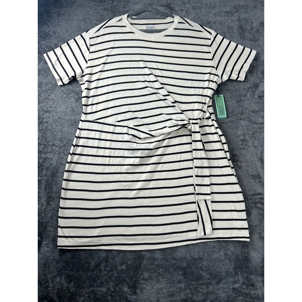 Terra & Sky Womens 1X Striped Front Twist T-Shirt Dress Black White Cotton NEW